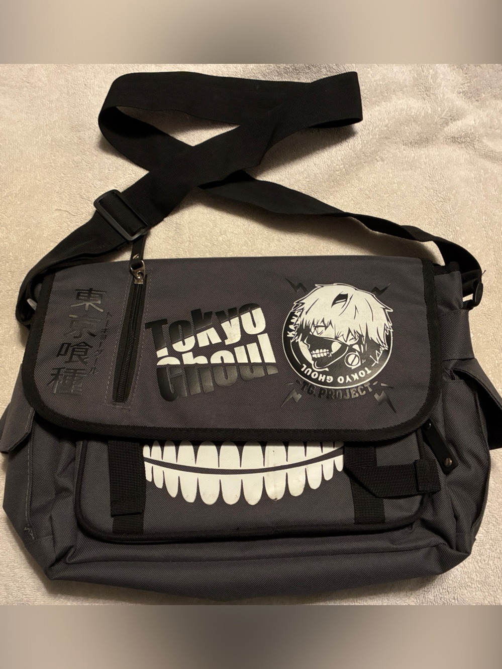 Gray Tokyo Ghoul Messenger Bag with Graphic Print